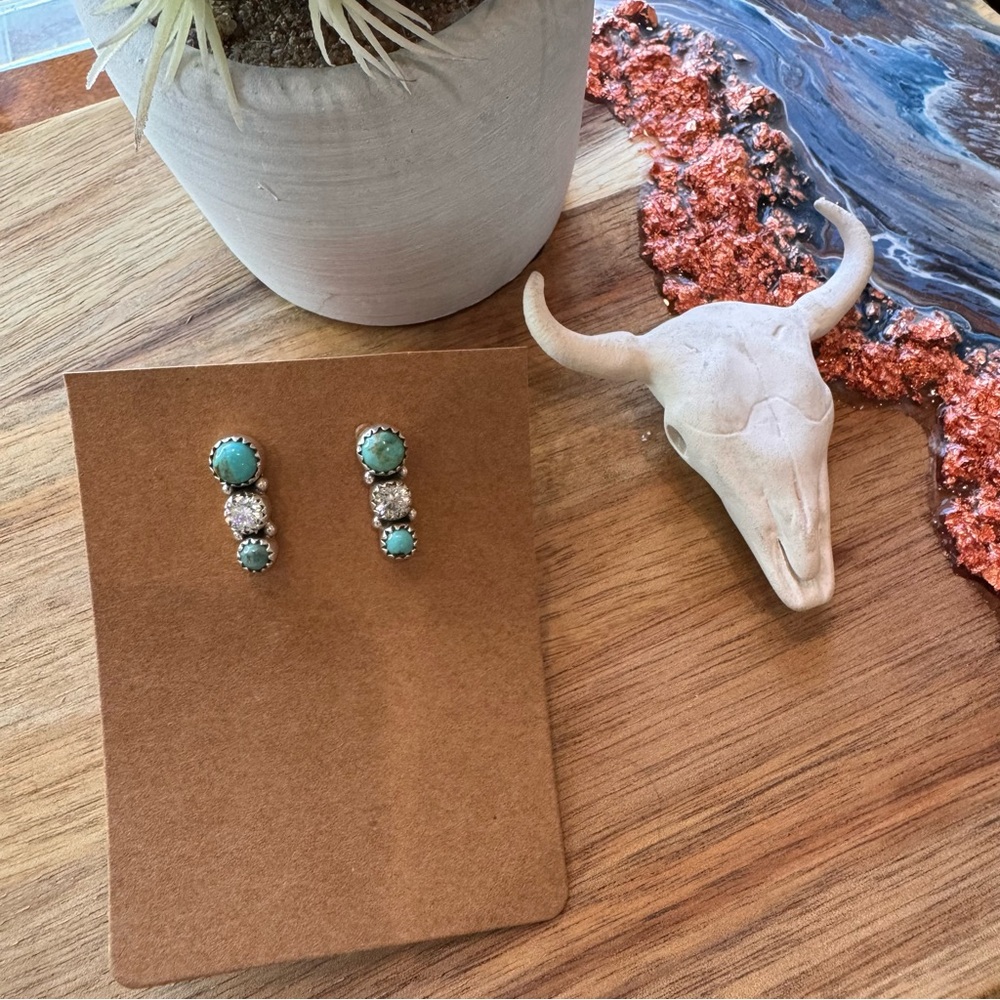 Earrings: Turquoise & Moissanite, 925 Sterling Silver Stud Earrings